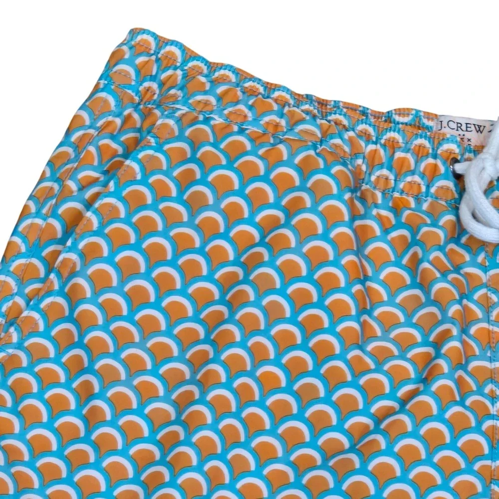 J Crew Flex Swim Trunks Men's M Blue Orange Geometric Print Mesh Lined Shorts